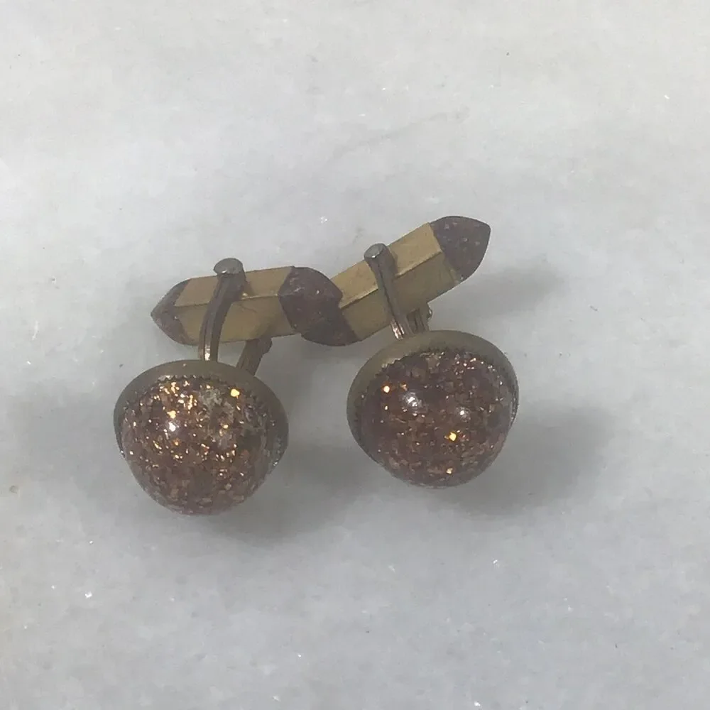 Vintage Confetti Sparkle Dome Cufflinks Gold Tone Bronze Glitter Retro MCM